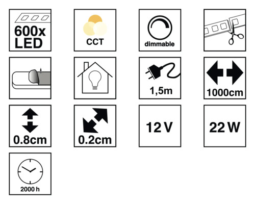 Caracteristici produs: 600 LED-uri, CCT, reglabil, scurtcircuitabil, lungime cablu 1,5 metri, lungime 1000 centimetri, înălțime 0,8 centimetri, lățime 0,2 centimetri, 12 volți, 22 wați, durată de viață 2000 ore