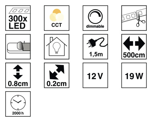 Caracteristici produs: 300 LED-uri, CCT, dimabil, scurtabil, lungime cablu 1,5 metri, lungime 500 centimetri, înălțime 0,8 centimetri, lățime 0,2 centimetri, 12 volți, 19 wați, durată de viață 2000 ore