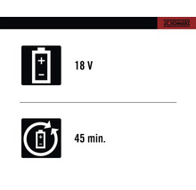 Simbol baterie 18 V și simbol timp de încărcare 45 minute