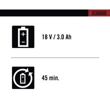 Informații despre acumulator de 18 volți / 3.0 Ah și timp de încărcare de 45 de minute