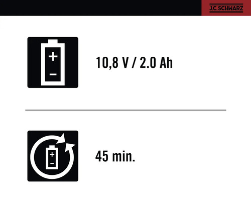 Informații despre acumulator: 10,8 V / 2,0 Ah, timp de încărcare 45 minute