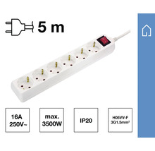 Bloc multipriză alb cu cinci prize, întrerupător și un cablu de cinci metri.