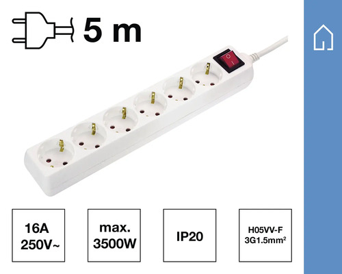 Bloc multipriză alb cu cinci prize, întrerupător și un cablu de cinci metri.