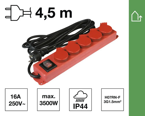 Extensie cu cinci prize și cablu de 4,5 metri