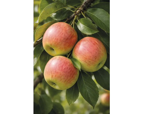 Trei mere pe ramură cu frunze verzi