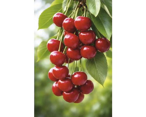 Cireșe coapte cu frunze pe o ramură