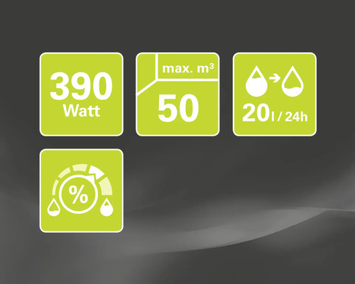 Caracteristici produs: 390 wați, maximum 50 metri cubi, 20 litri pe 24 de ore, umiditate relativă