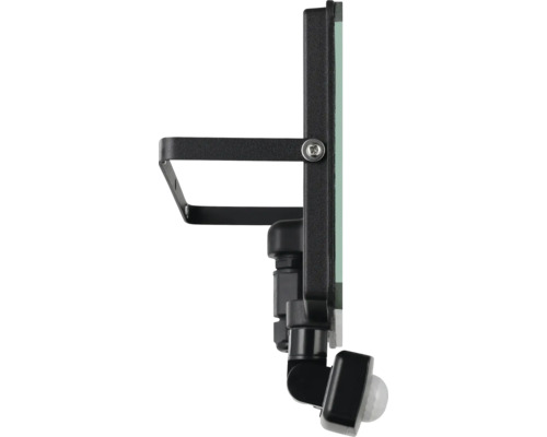 Vedere laterală a unui proiector LED cu detector de mișcare și suport de montare