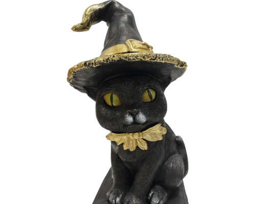 Figurină decorativă neagră de pisică cu pălărie de vrăjitoare și guler ca decorațiune de Halloween