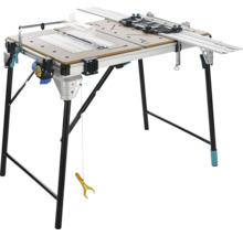 Banc de lucru multifuncțional Wolfcraft Master Cut cu șină de ghidaj, cadru pliabil și întrerupător de siguranță integrat.