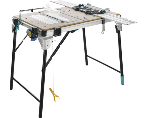 Banc de lucru multifuncțional Wolfcraft Master Cut cu șină de ghidaj, cadru pliabil și întrerupător de siguranță integrat.