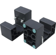 Două distanțiere din plastic negru cu structură tip fagure, bolțuri metalice și glisoare.