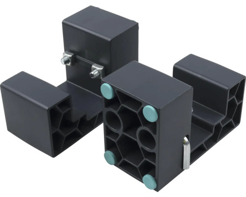 Două distanțiere din plastic negru cu structură tip fagure, bolțuri metalice și glisoare.