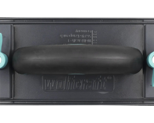Șlefuitor manual Wolfcraft cu mâner și dispozitiv de fixare lateral pentru hârtie abrazivă. Logo Wolfcraft.