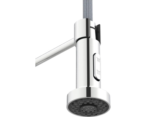 Baterie de bucătărie cu furtun de duș și regulator de jet