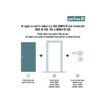 Grafic care arată că un element complet de ușă constă dintr-o foaie de ușă, un toc și un mâner