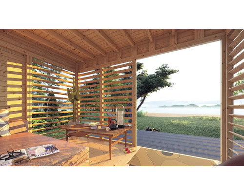 Cabana luminoasă din lemn cu zonă de relaxare, masă și vedere spre natură