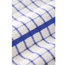 Prim-plan cu un prosop de bucătărie în carouri albastre și albe din material țesut.