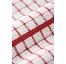 Prim-plan cu un prosop de bucătărie în carouri, din bumbac texturat, cu un model de grilă roșie și o dungă roșie groasă.