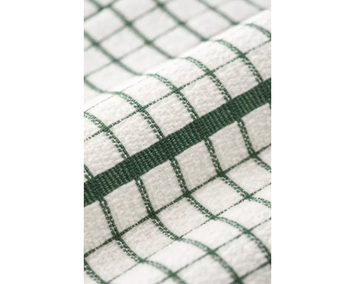 Prosop de bucătărie din bumbac cu model în carouri verzi, detaliu al texturii țesute.