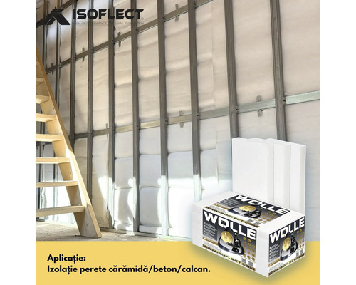 Izolație de perete cu material izolant ISOFLECT lână și scară în construcție brută