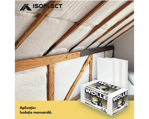 Mansardă cu izolație termică din vată minerală între grinzi de lemn, logo Isoflect
