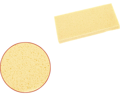 Două bureți galbeni, unul dreptunghiular și unul rotund, pentru curățenie