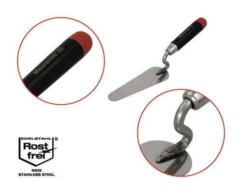 Mistrie de zidar cu mâner negru și suprafață din oțel inoxidabil