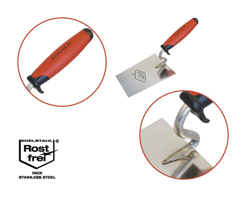 Mistrie de zidar cu suprafață din oțel inoxidabil și mâner din plastic