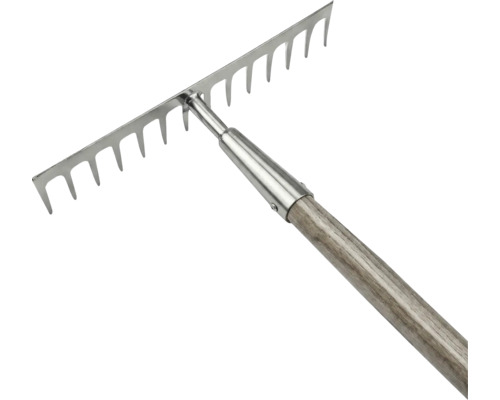 Greblă de grădină cu mâner din lemn și dinți metalici