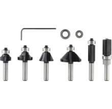 Set metalic de freze pentru mașina de frezat cu diverse profiluri, doi rulmenți cu bile și o cheie imbus.