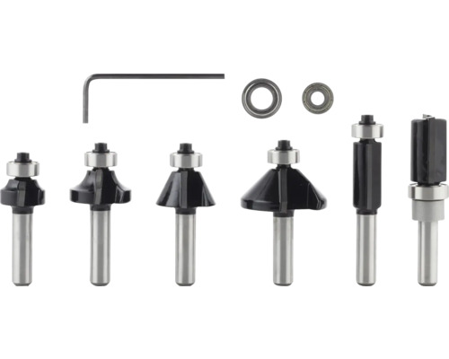 Set metalic de freze pentru mașina de frezat cu diverse profiluri, doi rulmenți cu bile și o cheie imbus.