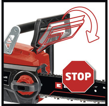 Motofierăstrău Einhell cu protecție pentru mâini pentru activarea frânei de lanț pentru oprire imediată.