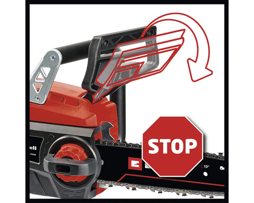 Motofierăstrău Einhell cu protecție pentru mâini pentru activarea frânei de lanț pentru oprire imediată.