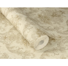 Tapet cu model damasc baroc și ornamente florale pe rolă și desfășurat.