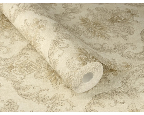 Tapet cu model damasc baroc și ornamente florale pe rolă și desfășurat.