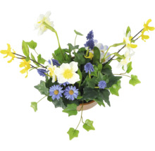Aranjament decorativ de flori artificiale cu diverse flori artificiale și frunze verzi într-un ghiveci