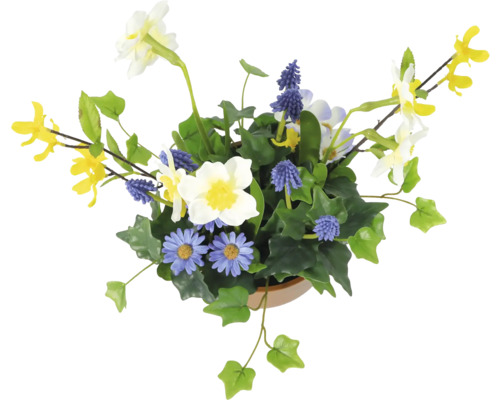 Aranjament decorativ de flori artificiale cu diverse flori artificiale și frunze verzi într-un ghiveci