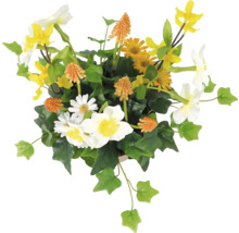 Flori artificiale decorative într-un ghiveci cu flori albe, galbene și portocalii