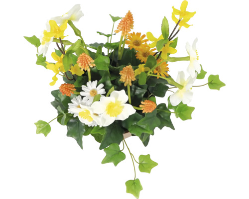 Flori artificiale decorative într-un ghiveci cu flori albe, galbene și portocalii