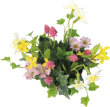 Aranjament floral cu diverse flori și frunze verzi