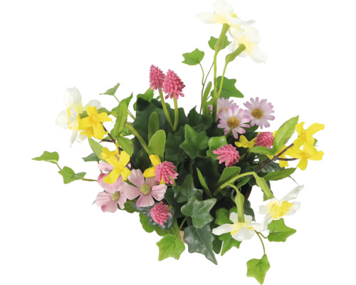 Aranjament floral cu diverse flori și frunze verzi