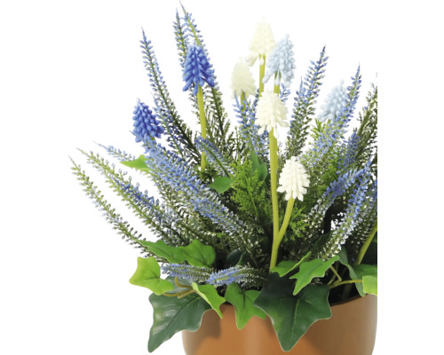 Aranjament floral artificial cu flori albastre și albe în ghiveci