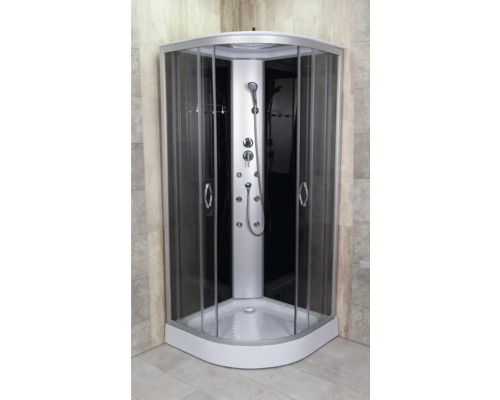Cabină de duș completă cu față de sticlă și baterie de duș.