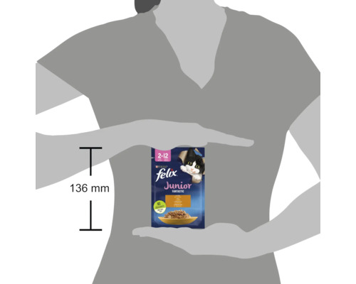 Hrană pentru pisici Felix Junior Fantastic, potrivită pentru pisoi cu vârsta cuprinsă între 2 și 12 luni, pachet cu o înălțime de 136 mm
