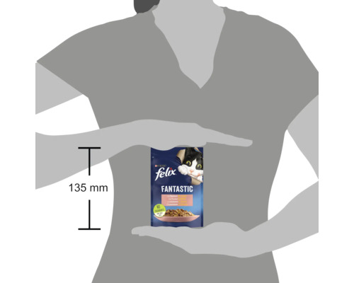 Reprezentare dimensională a hranei pentru pisici Felix Fantastic cu aromă de pește și înălțime de 135 mm