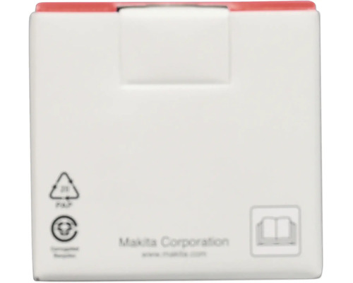 Makita Corporation Logo, simboluri pentru reciclarea hârtiei și instrucțiuni pentru citirea manualului de utilizare pe un ambalaj.