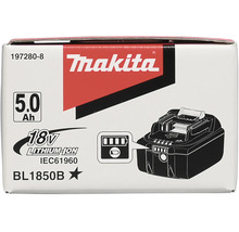 Ambalaj pentru un acumulator Litiu-Ion Makita 18 Volți 5,0 Amperi oră model BL1850B cu indicator de încărcare și Makita Logo.