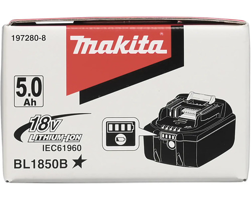 Ambalaj pentru un acumulator Litiu-Ion Makita 18 Volți 5,0 Amperi oră model BL1850B cu indicator de încărcare și Makita Logo.