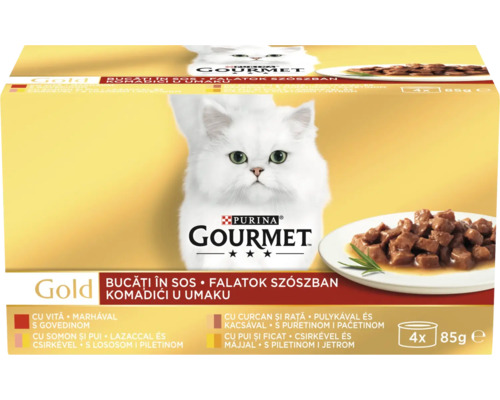 Gourmet Gold hrană pentru pisici cu diferite arome în sos, 4 bucăți a 85 grame